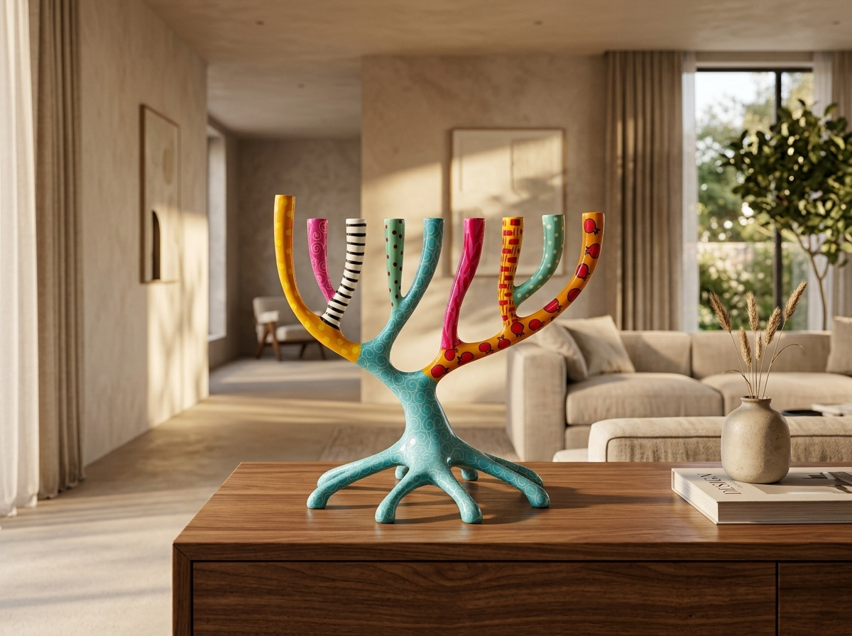 חנוכיית עץ החיים צבעונית בגזע טורקיז, מוצבת על שידת עץ בסלון מואר