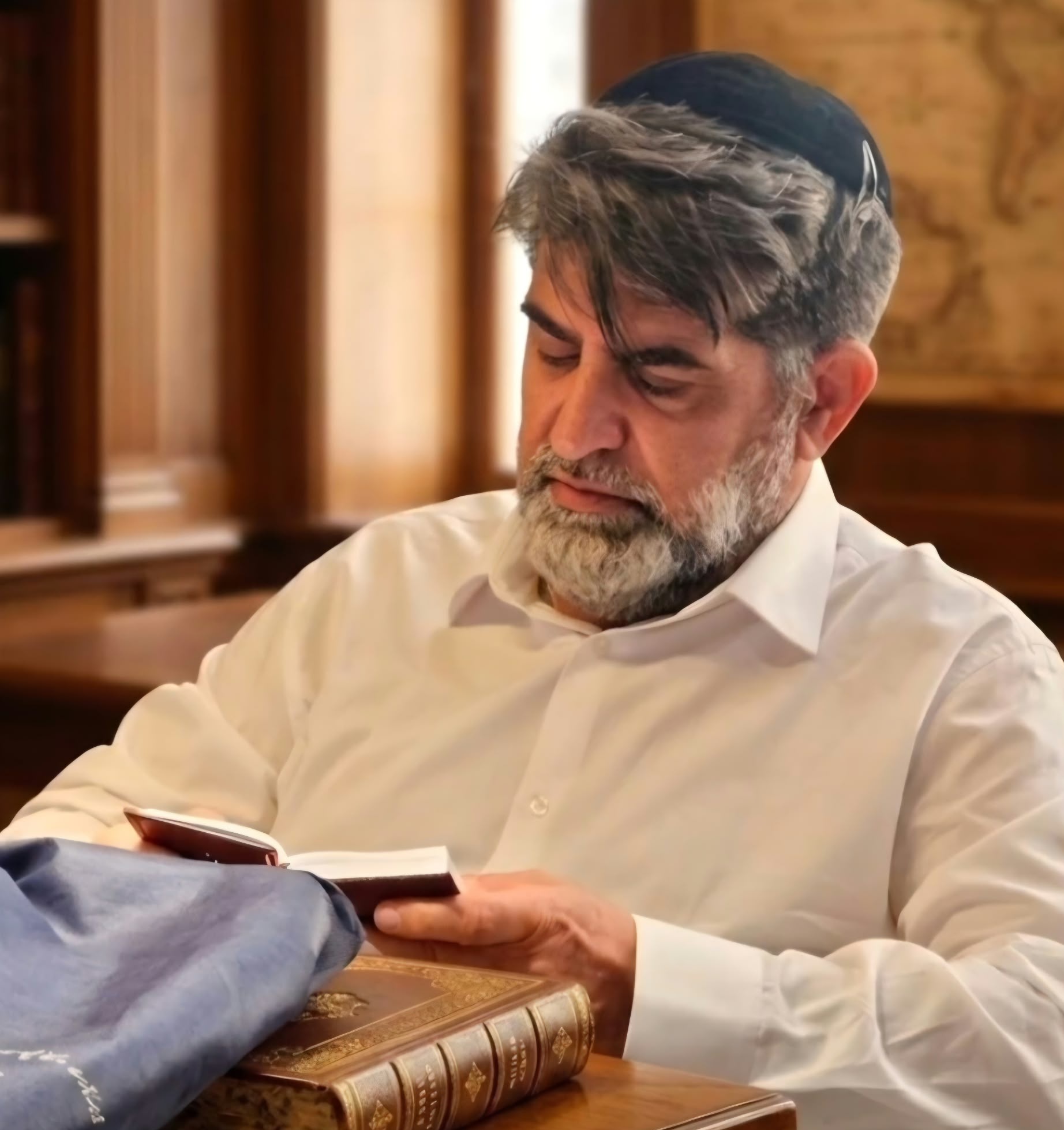 הרב עוזיאל בחולצה לבנה וכיפה שחורה, לומד מתוך ספר